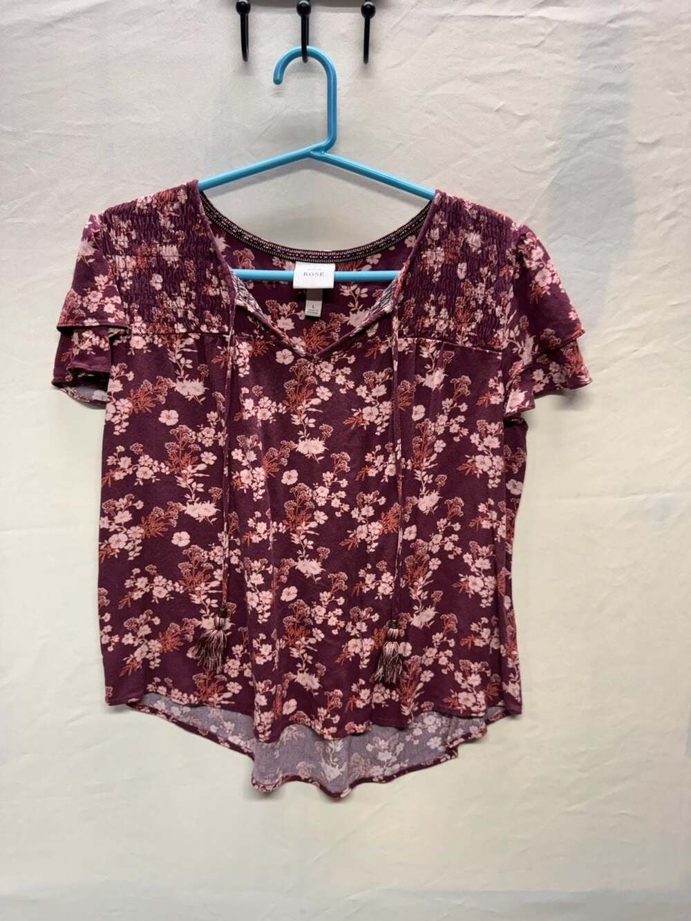 Knox Rose Women's Burgundy Floral Tassel Tie Short Sleeve Blouse Size L